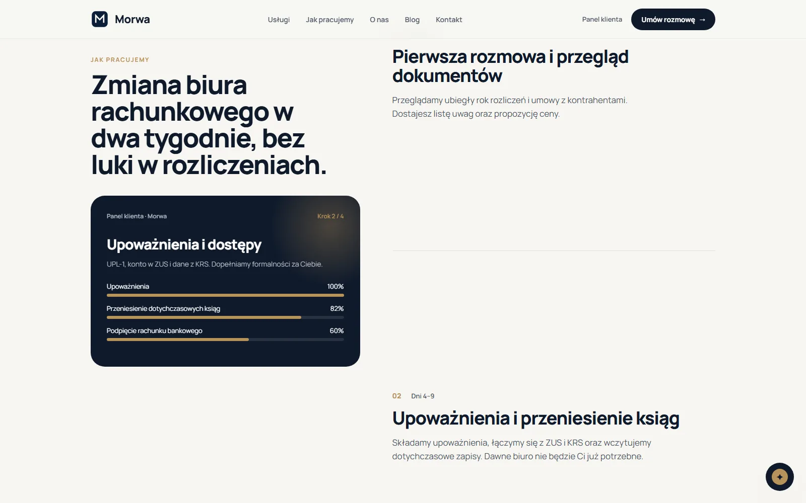 Makieta strony Kancelarii Podatkowej Morwa, kadr 2: sekcja Zmiana biura rachunkowego w dwa tygodnie z podglądem panelu klienta