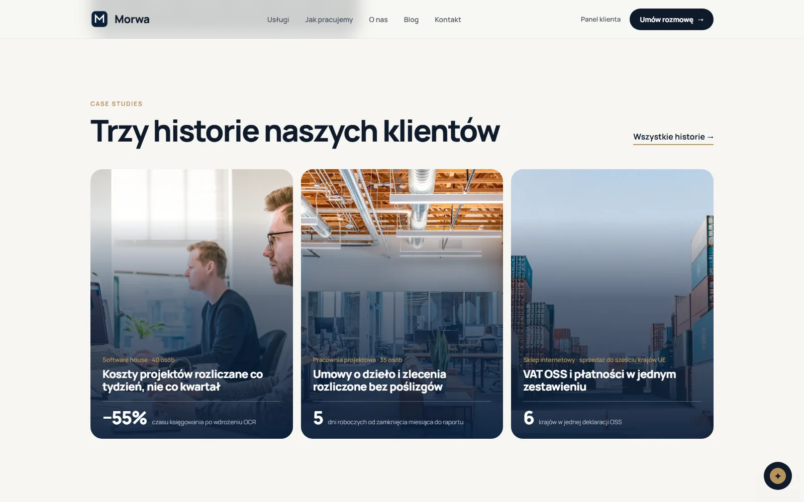 Makieta strony Kancelarii Podatkowej Morwa, kadr 3: sekcja Trzy historie naszych klientów ze studiami przypadku
