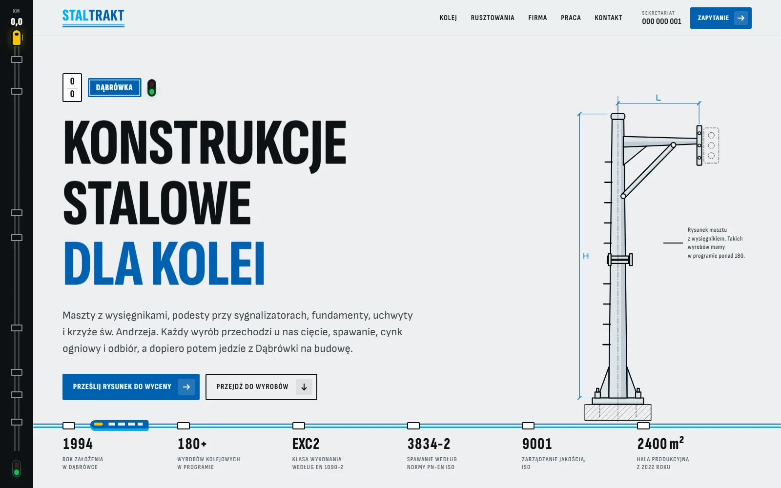 Makieta strony Staltrakt, kadr 1: początek strony z nagłówkiem Konstrukcje stalowe dla kolei
