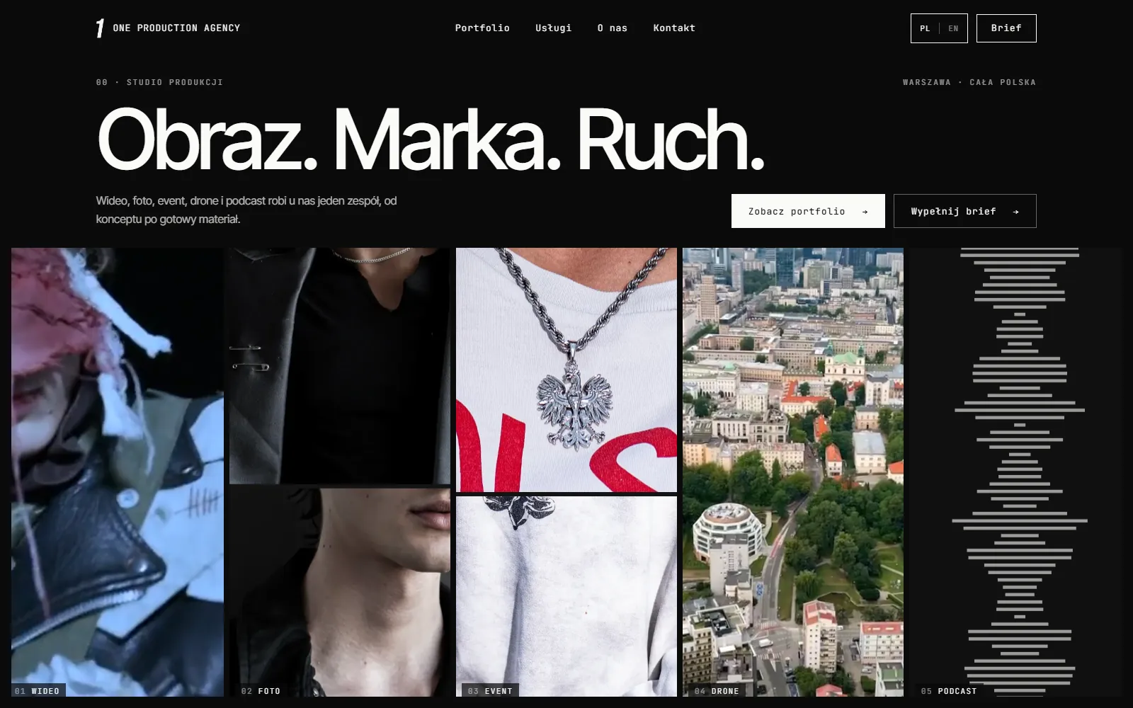 Strona główna ONE Production Agency z hasłem Obraz. Marka. Ruch.